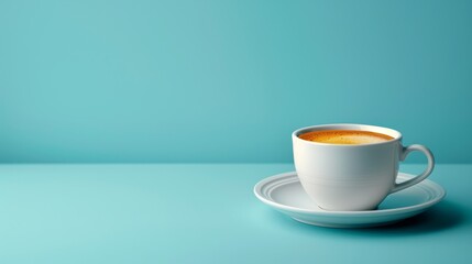 A simple yet elegant white coffee cup sits alone on a cyan surface, creating a peaceful still life that invites contemplation and appreciation for life's simple pleasures.