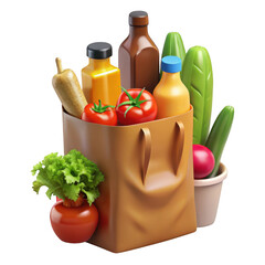 3d realistic grocery bag with fresh produce and drinks isolated on transparent background