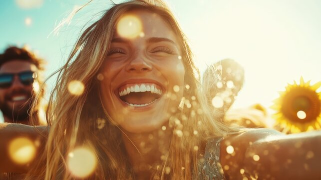 A radiant woman smiles brightly against a sunlit backdrop, capturing the essence of happiness and the joy of living life to the fullest amidst nature's beauty.