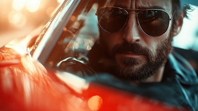 A close-up of a serious bearded man wearing sunglasses, captured in a car, emanating a cool and confident demeanor while showcasing the urban lifestyle and adventure.