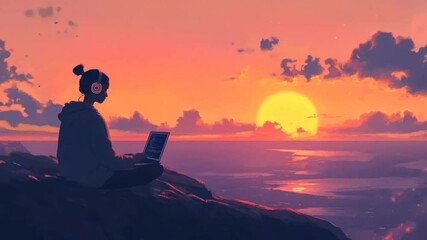 Woman working on laptop with a romantic sunset silhouette at the beach - Powered by Adobe