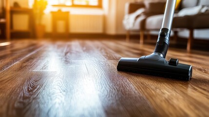 A vacuum cleaner positioned on a beautifully maintained wooden floor, signifying cleanliness and modern living, radiating a sense of tidiness and home comfort.