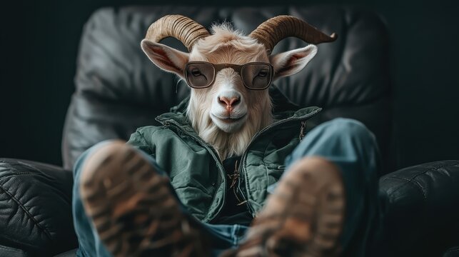 A goat wearing glasses and casual clothing sits back in a chair, humorously blending animal character with human-like leisure, reflecting a fun and relaxed atmosphere.