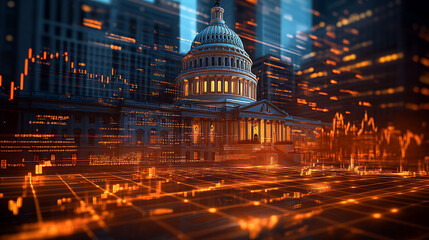 Capitol Hill at Night Financial Market Data Overlay