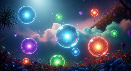 A whimsical landscape with colorful glowing orbs floating amidst flowers and cloudy skies at twilight