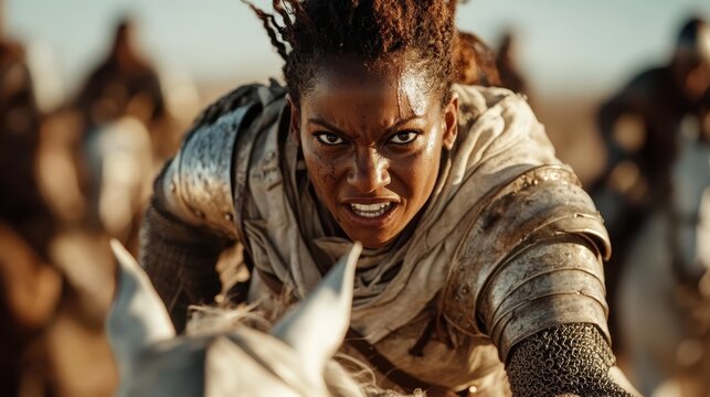 A fierce female knight in shining armor charges forward on a white horse, embodying bravery and adventure in an epic battle setting, showcasing strength and heroism.