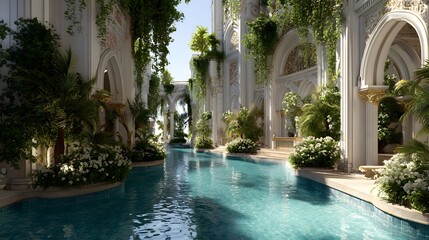 A breathtaking view of a pool surrounded by classical architecture and lush greenery.