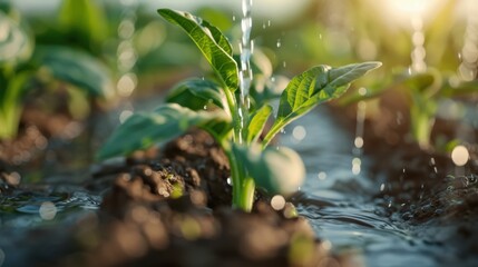 Fresh green seedlings are being nurtured with water in close-up, depicting the beauty of growth and care, illustrating the essence of agriculture and environmental sustainability.