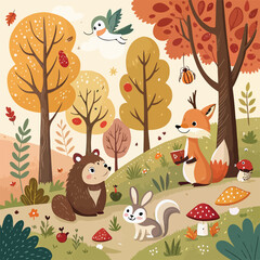 Cute cartoon seamless pattern with funny forest animals and autumn flowers