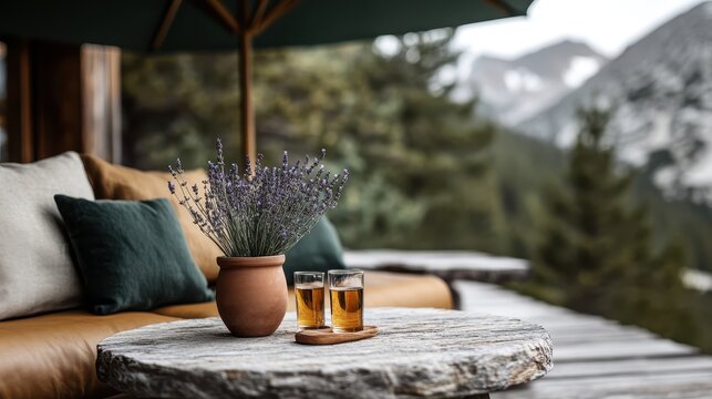 A serene outdoor setting featuring a rustic wooden table adorned with lavender and two glasses of sweet tea, surrounded by a breathtaking mountain landscape.