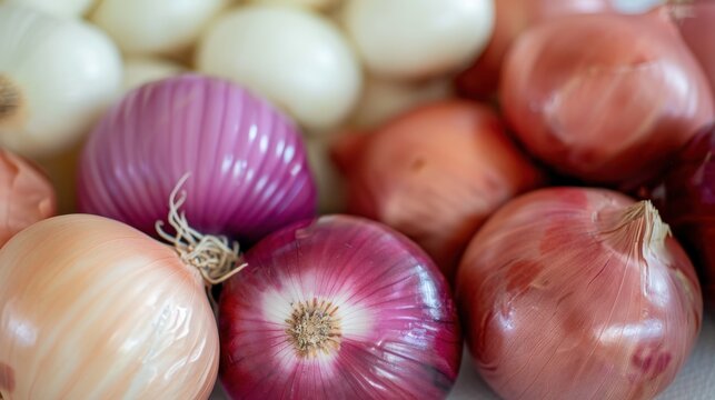 An artistic arrangement of different types of fresh onions, showcasing their colors and textures, perfect for culinary enthusiasts and food photography lovers.