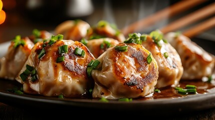 Fototapeta premium Steam rises from a plate of delicious dumplings garnished with chives, illustrating a mouthwatering culinary treat that is both comforting and satisfying.