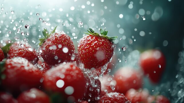 A vibrant close-up of fresh strawberries surrounded by splashing water droplets, highlighting their freshness and juicy appeal, perfect for food-related projects.