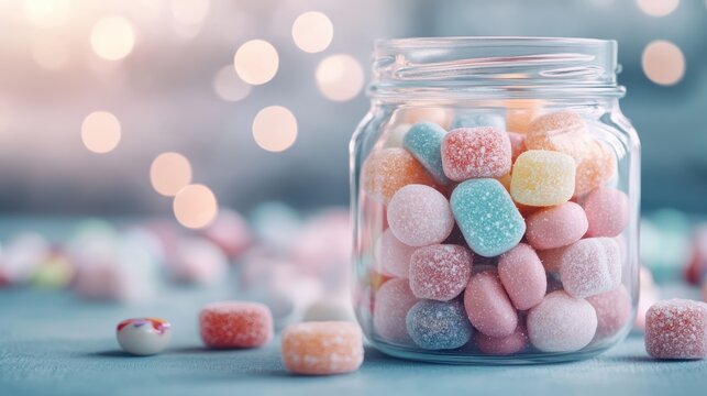 A delightful jar filled with colorful candies, sparkling under soft bokeh light, perfect for conveying themes of joy, nostalgia, and playful indulgence in still life artistry.