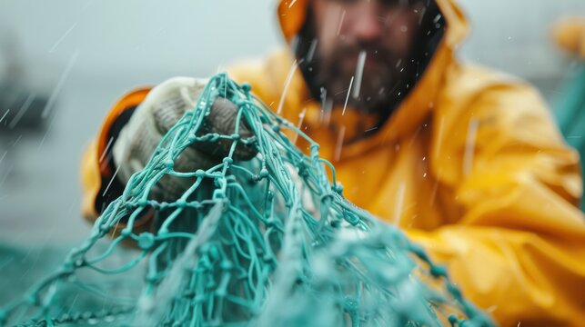 A devoted fisherman skillfully manipulates his fishing net in heavy rain, encapsulating the dedication and challenge of life at sea under adverse weather conditions.