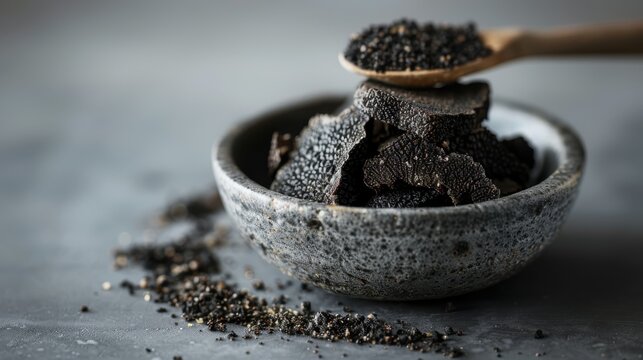 Exquisite black truffle slices arranged in a bowl, exemplifying the luxury and sophistication associated with gourmet culinary experiences and high-end dining.