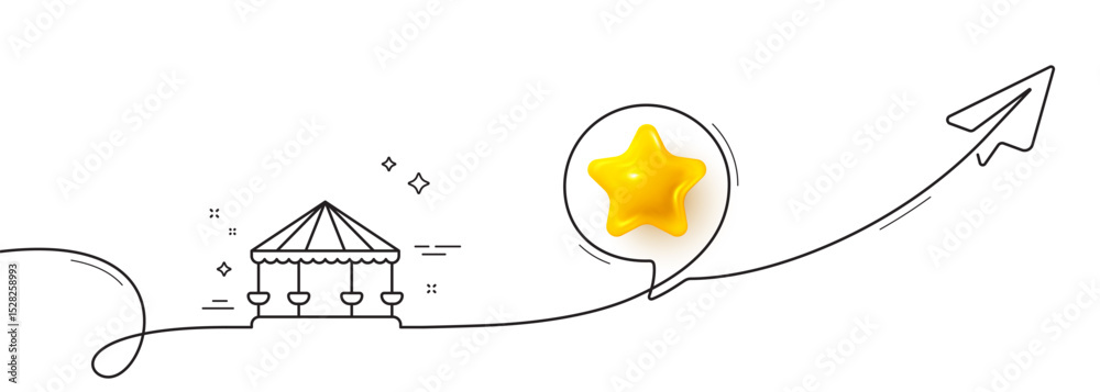 Poster carousels line icon. continuous line with share plane. amusement park sign. 3d star in speech bubble