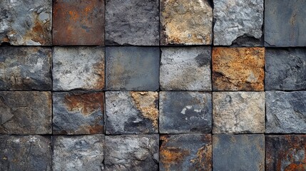 Close-up view of a stone wall composed of square tiles in various shades of gray, brown, and orange