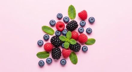 Flat lay of assorted fresh berries and mint leaves scattered on a light textured background. Colorful, vibrant composition highlighting natural freshness, healthy eating, and organic ingredients.