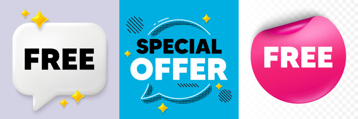 Free speech bubble. 3d sparkles chat, Paper sticker. Free tag. Special offer sign. Sale promotion symbol. Special offer bubble. Halftone dots pattern. Vector