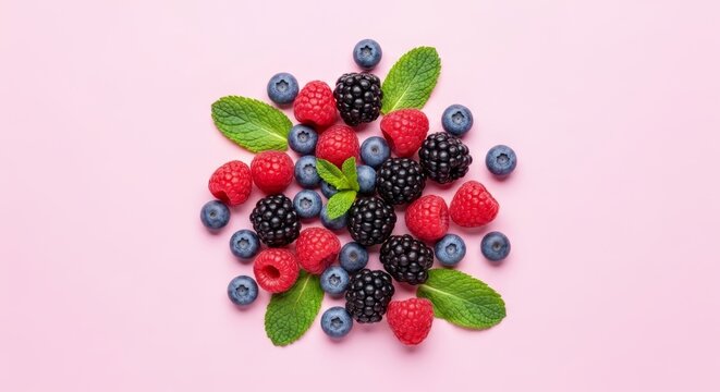 Flat lay of assorted fresh berries and mint leaves scattered on a light textured background. Colorful, vibrant composition highlighting natural freshness, healthy eating, and organic ingredients.