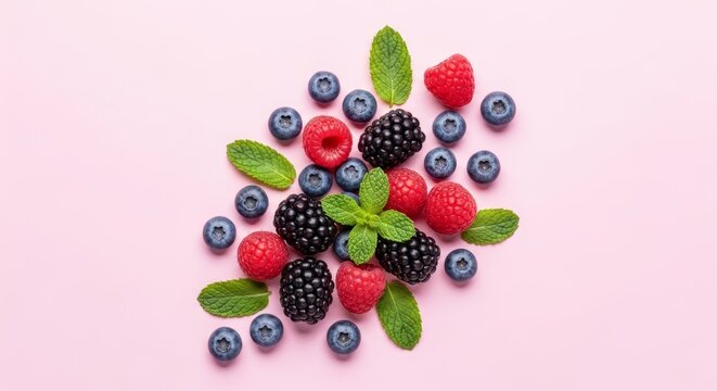 Flat lay of assorted fresh berries and mint leaves scattered on a light textured background. Colorful, vibrant composition highlighting natural freshness, healthy eating, and organic ingredients.