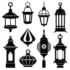 Collection of Elegant Lantern Designs  Silhouette vector icon of Classic and Unique Lamp Styles