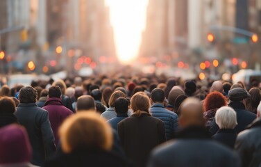 Crowd of diverse individuals navigating vibrant NYC streets during golden hour, encapsulating urban life and connection