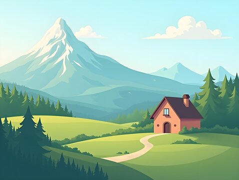 illustration of a landscape with a house and mountain