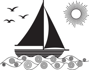 Simple black and white sailing ship illustration.