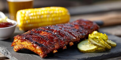 Barbecue pork ribs, smoky and glazed, grilled corn, pickles on the side, Southern BBQ style, outdoor picnic setup 