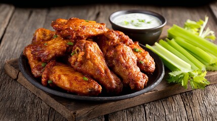 Buffalo chicken wings, spicy glaze, celery sticks, blue cheese dip, game day snack, rustic wood background 