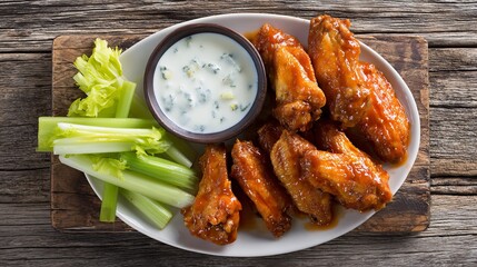 Buffalo chicken wings, spicy glaze, celery sticks, blue cheese dip, game day snack, rustic wood background 