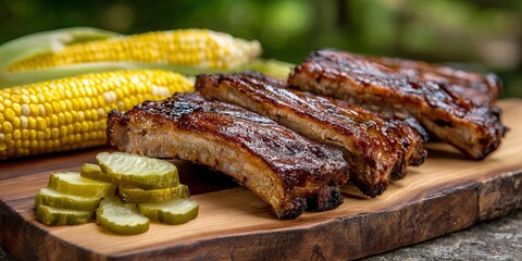 Barbecue pork ribs, smoky and glazed, grilled corn, pickles on the side, Southern BBQ style, outdoor picnic setup 