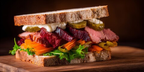 sandwich with smoked rib meat and vegetables 