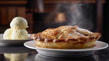 Homemade American apple pie, flaky golden crust, steam rising, served with vanilla ice cream, classic kitchen setting, nostalgic lighting 