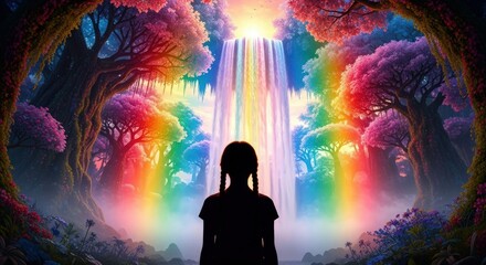 Silhouette of girl with rainbow waterfall and colorful trees in fantasy landscape setting is visible
