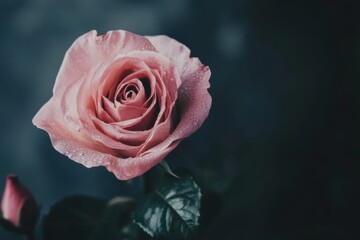Close up of a pink rose with dew drops on its petals captured in a natural setting, Macro of pink rose