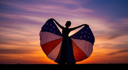 Silhouette of woman holding american flag against a vibrant sunset sky with arms outstretched wide open