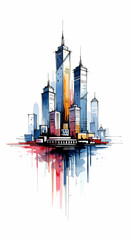 Abstract Watercolor City Skyline Reflection - Urban Landscape Art