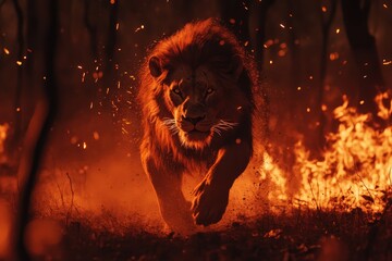 Fiery lion charges through dark forest as flames engulf the surroundings at dusk, Fiery lion running through a dark forest in a dramatic scene
