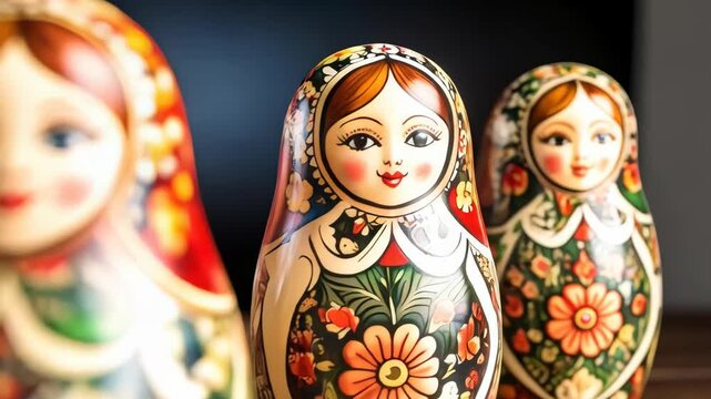 Set of intricately painted Matryoshka dolls with traditional floral patterns in a tight studio shot and soft lighting, art and culture of a heritage.