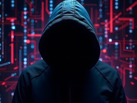 Hacker in hood against glitchy computer code backdrop Glitch Art Style