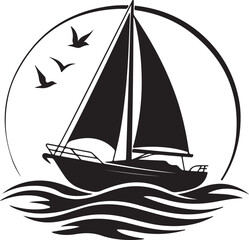 Silhouette of a sailboat on the sea at night, surrounded by birds