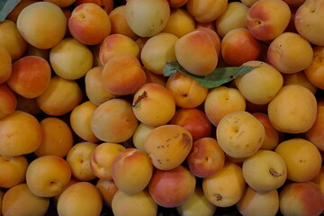 Close-up of fresh ripe apricots in a natural pile with a soft orange-yellow blush and green leaf. Ideal for organic food, summer harvest, healthy snacks, and fruit market visuals.