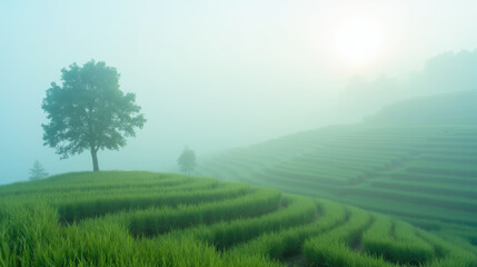 Fototapeta premium Serene landscape featuring lush green rice terraces enveloped morning mist, with solitary tree standing gracefully. soft light of dawn creates