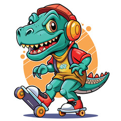 cartoon t rex in streetwear skating with headphones