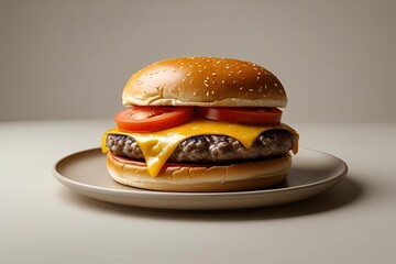 A tempting image of a classic cheeseburger with melted cheese, lettuce, tomato, and a toasted bun, served on a plain plate with a neutral background and soft, even lighting.