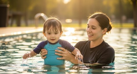 A smiling woman holding a baby in a blue rash guard in a swimming pool on a sunny day outdoors