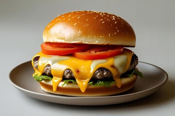 A tempting image of a classic cheeseburger with melted cheese, lettuce, tomato, and a toasted bun, served on a plain plate with a neutral background and soft, even lighting.